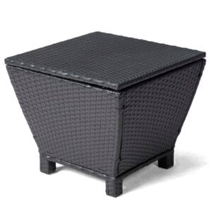 Black wicker side table with storage used as an outdoor patio side table
