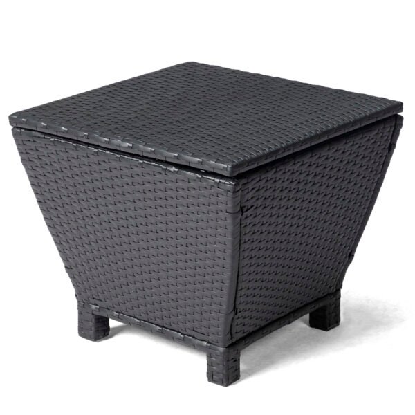 Black wicker side table with storage used as an outdoor patio side table