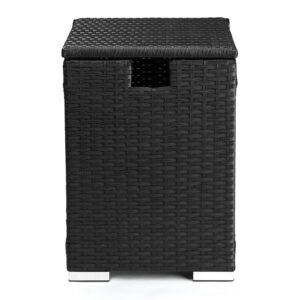 Black wicker propane tank cover table used as an outdoor side table for patio and fire pit areas