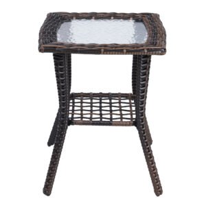 Front View of Outdoor Wicker Side Table with Glass Top and Brown Storage Shelf – Stylish and Functional End Table for Patios and Gardens