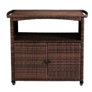 front view of outdoor wicker bar cart with double-door storage cabinet