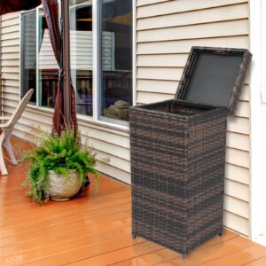 Brown Rattan Outdoor Trash Can with Lid in Patio Setting – Stylish Waste Bin for Outdoor Spaces