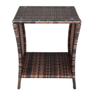 Front view of brown rattan side table with glass top