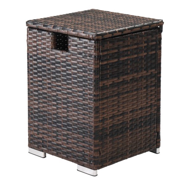 Brown rattan propane tank cover table used as an outdoor wicker side table for patio and fire pits