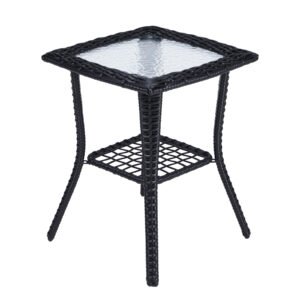 Outdoor Wicker Side Table with Glass Top – Black Storage, Stylish and Practical Patio Furniture