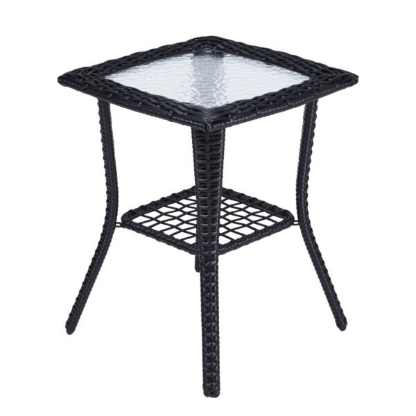 Outdoor Wicker Side Table with Glass Top – Black Storage, Stylish and Practical Patio Furniture