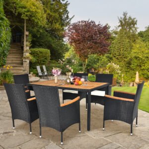 rattan outdoor dining set on a garden patio with 6 chairs