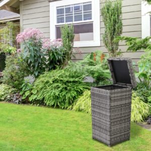 Grey Gradient 27-Gallon Rattan Trash Can with Lid placed on patio grass lawn – Stylish outdoor waste bin for gardens and backyards