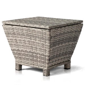 Grey wicker side table with storage used as an outdoor patio side table