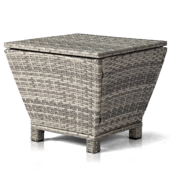 Grey wicker side table with storage used as an outdoor patio side table