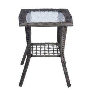 Front View of Outdoor Wicker Side Table with Glass Top, Grey Rattan with Storage Shelf – Stylish and Practical Patio Table