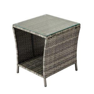 Outdoor Wicker Side Table With Glass Top, Grey Gradient Rattan End Table With Storage Shelf For Patio Or Balcony