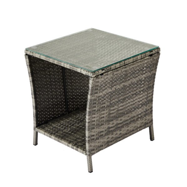 Outdoor Wicker Side Table With Glass Top, Grey Gradient Rattan End Table With Storage Shelf For Patio Or Balcony