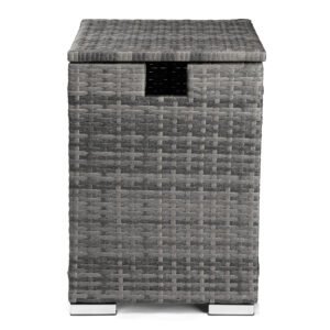 Grey wicker propane tank cover table used as an outdoor side table for patio and fire pit areas