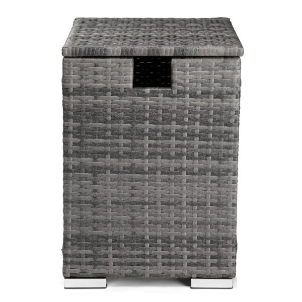 Grey wicker propane tank cover table used as an outdoor side table for patio and fire pit areas