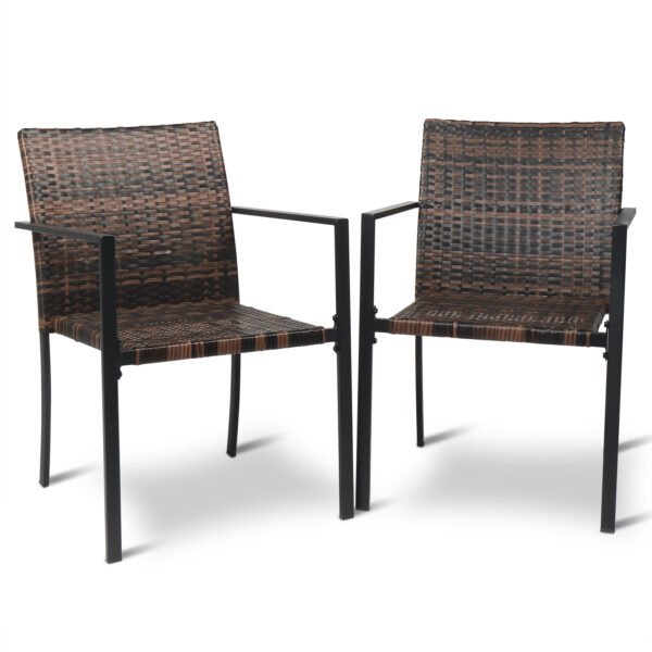 Stackable outdoor wicker dining chairs with arms in brown rattan, set of 2