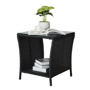 Outdoor Wicker Side Table with Glass Top, Black Rattan & Storage Shelf – Displaying Plants, Books, and Coffee for Stylish Patio Decor