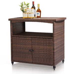 outdoor wicker bar cart with storage cabinet and glass top in brown rattan