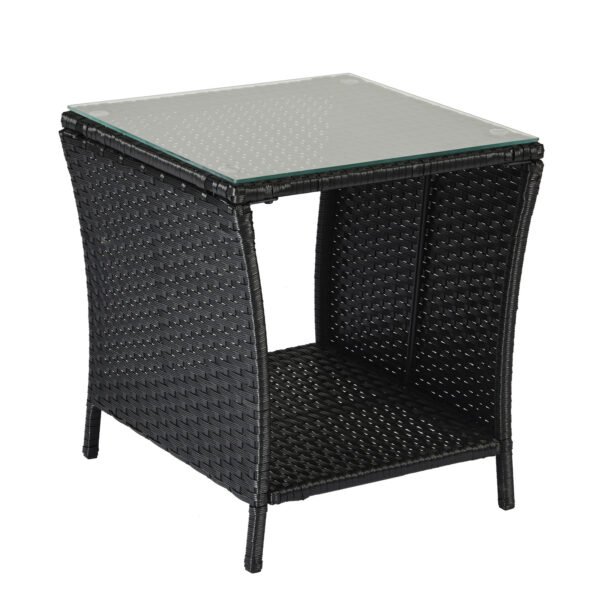 Black Rattan Outdoor Wicker Side Table with Storage Shelf & Tempered Glass – Stylish Rattan Table for Patio and Balcony