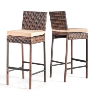 Front and back view of outdoor wicker bar stools with cushioned seats