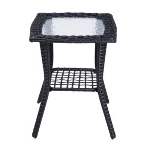 Front View of Outdoor Wicker Side Table with Glass Top – Black Rattan End Table with Storage Shelf for Patios and Gardens