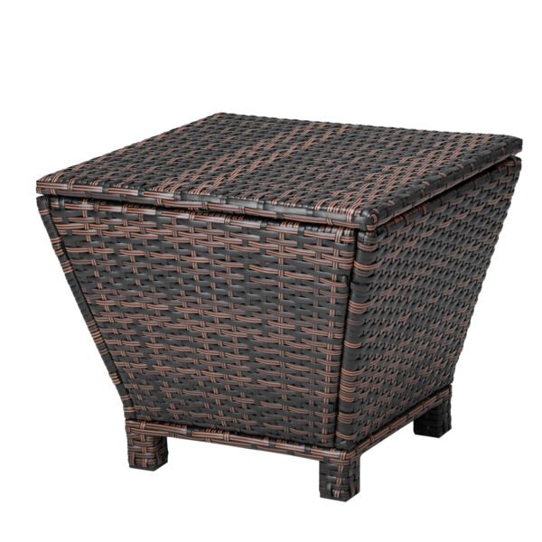 Outdoor wicker side table with storage featuring flip-top lid in brown rattan finish