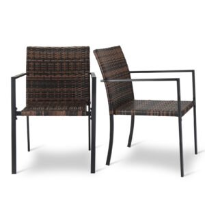 Two stackable outdoor wicker dining chairs shown from front and side angles