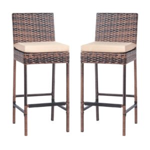 Outdoor wicker bar stools with cushions, brown patio bar chairs set of 2