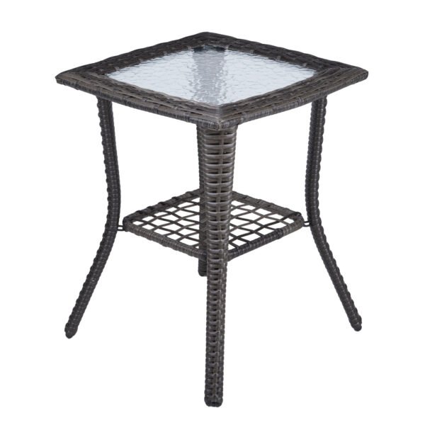 Outdoor Wicker Side Table Grey Rattan with Storage Shelf & Glass Top – Stylish and Functional Patio Table for Outdoor Spaces