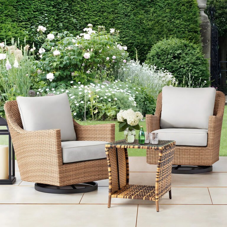 PE rattan 3-piece patio set with two chairs and coffee table in a small courtyard