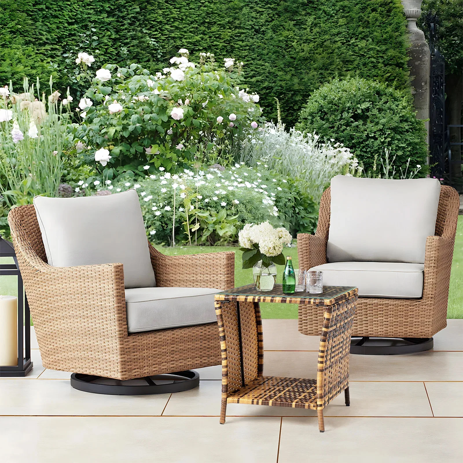PE rattan 3-piece patio set with two chairs and coffee table in a small courtyard