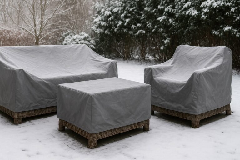 Rattan furniture set stored under cover during winter