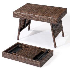 Brown folding rattan side table with steel frame and PE wicker surface for patio or garden