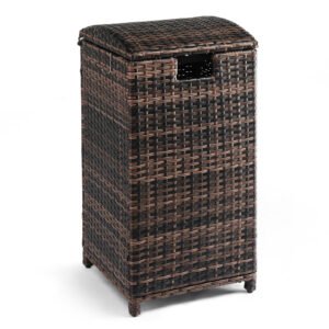 33-gallon brown rattan wicker patio trash bin with curved lid and steel frame for outdoor use