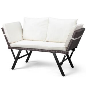 Convertible outdoor wicker sofa with beige cushions in loveseat position