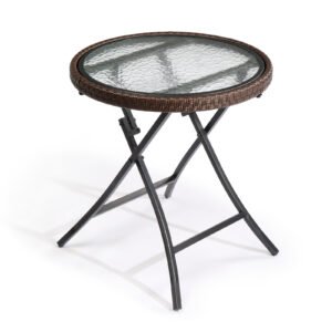 Foldable Round Wicker Side Table with Glass Top – Stylish Outdoor Brown Rattan Patio Table for Balcony & Patio