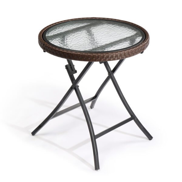 Foldable Round Wicker Side Table with Glass Top – Stylish Outdoor Brown Rattan Patio Table for Balcony & Patio