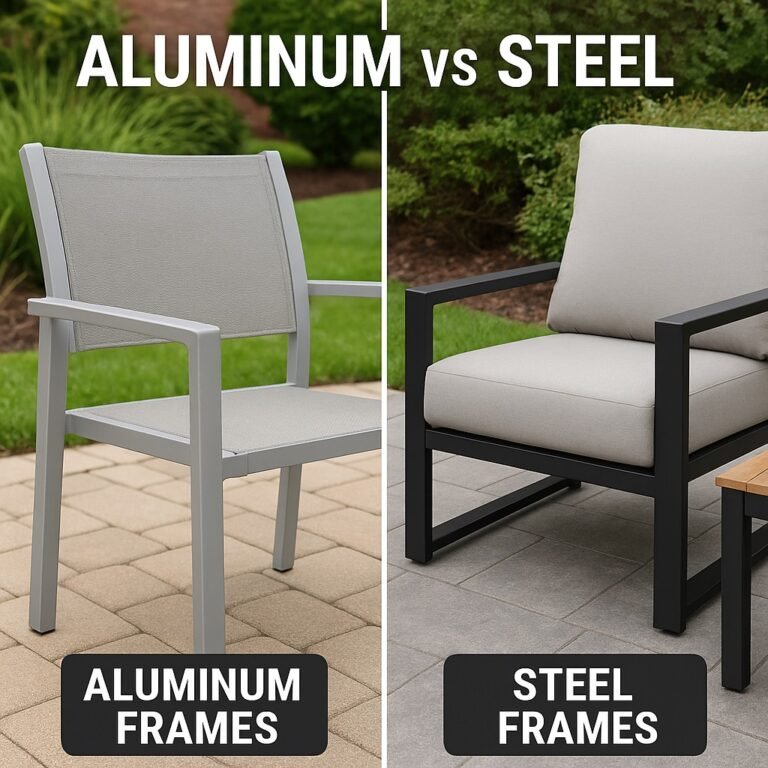 light brown aluminum chair versus dark brown steel chair on patio.