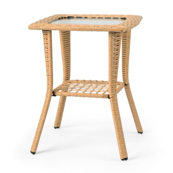 Beige wicker side table with water ripple glass top for patio or balcony