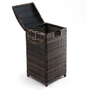 33-gallon brown rattan wicker patio trash can with lid open showing interior capacity