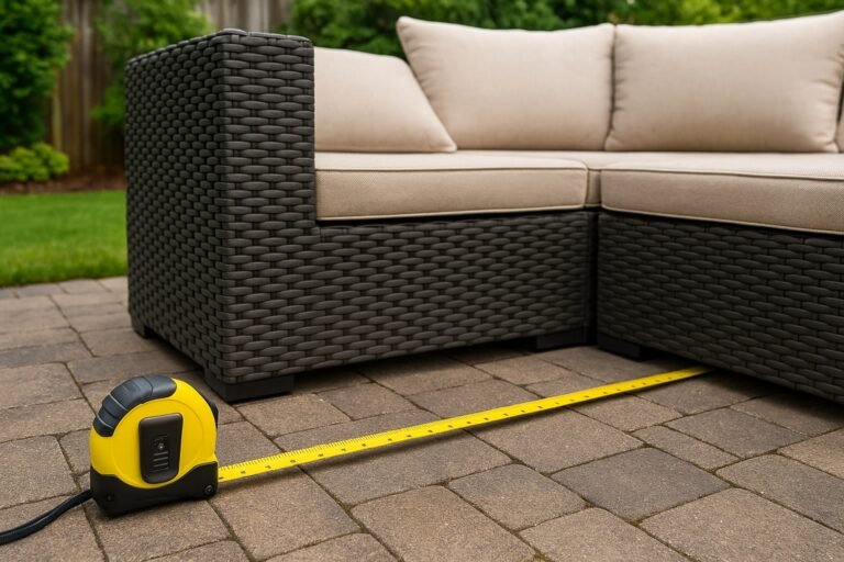 measuring patio depth in front of rattan outdoor sofa for furniture size planning