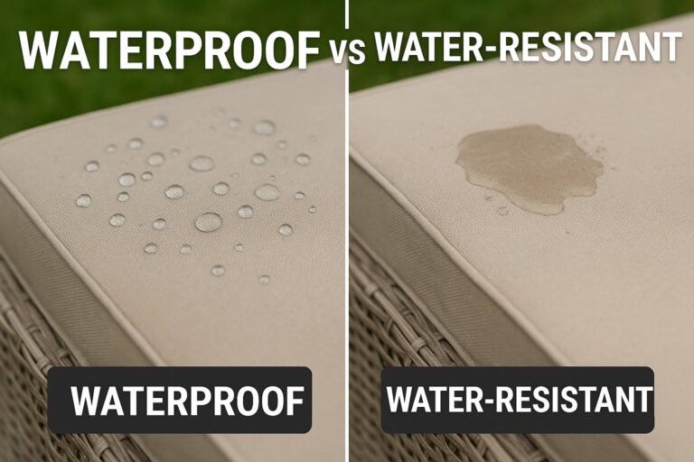 waterproof side shows beading water droplets, water-resistant side shows damp fabric spot.