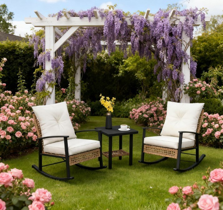 light yellow wicker rocking chair set with white cushions and coffee table placed in a backyard garden with flowers and coffee
