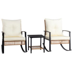 2 wicker rocking chairs in light yellow rattan with white cushions and a matching coffee table