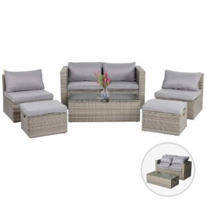 6-piece outdoor wicker sofa set in grey gradient rattan with grey cushions