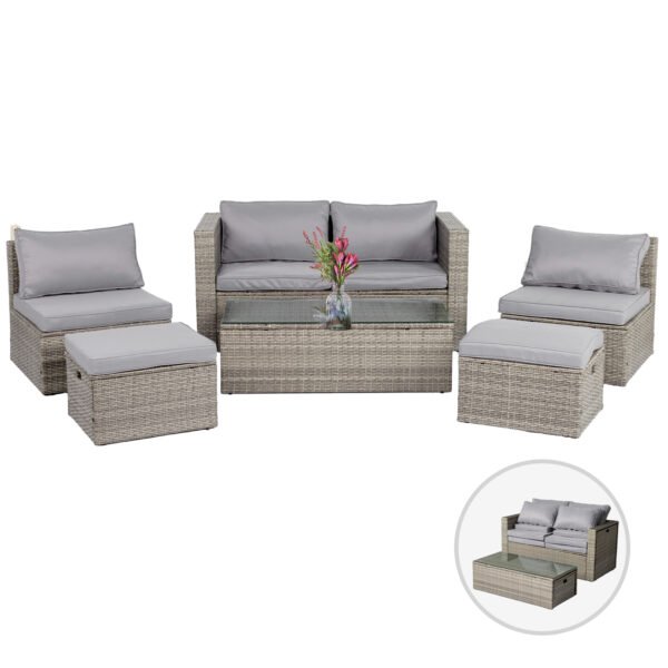 6-piece outdoor wicker sofa set in grey gradient rattan with grey cushions