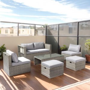 6-piece outdoor wicker sofa set in grey gradient rattan arranged on a sunny rooftop patio