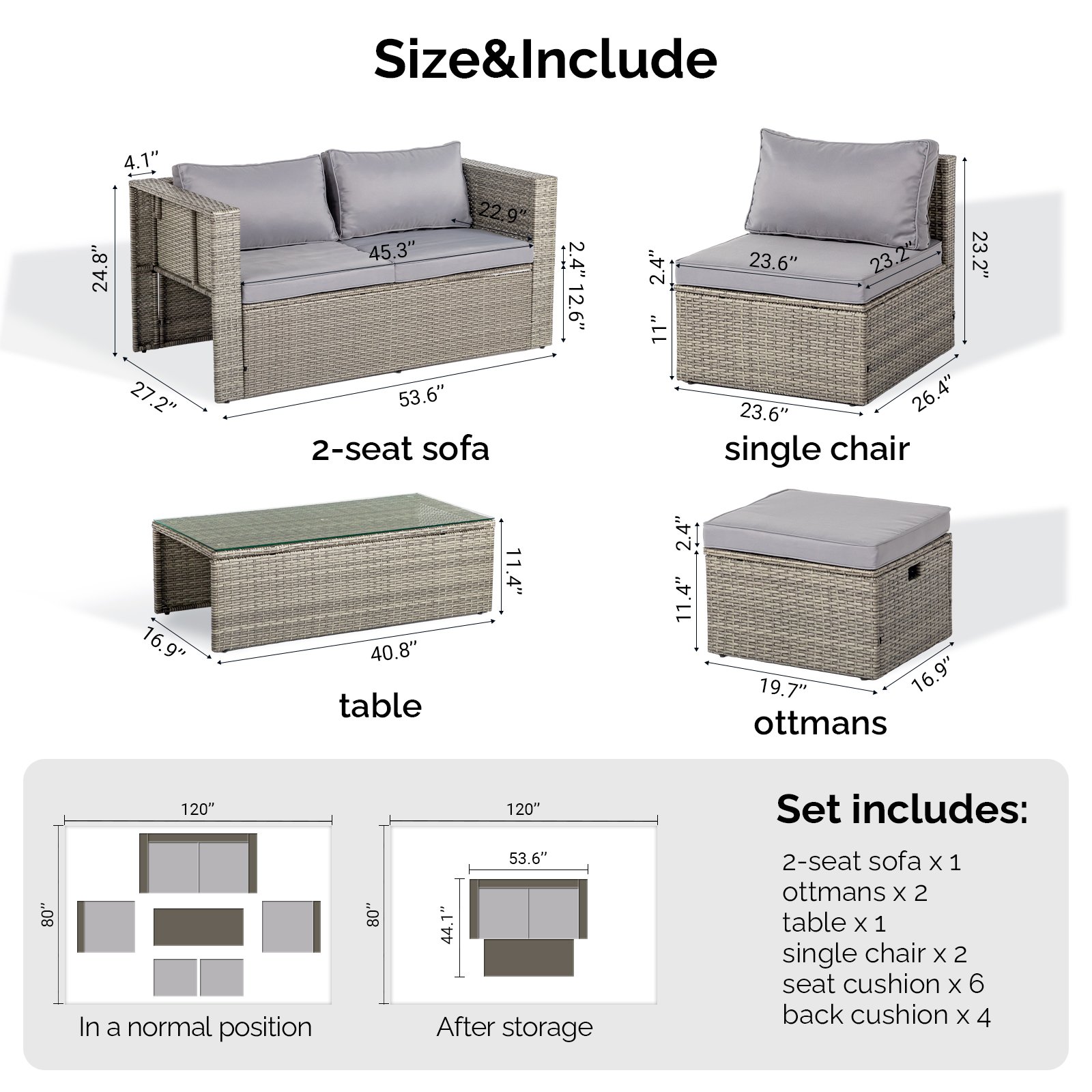 Size and set includes overview of 6-piece outdoor wicker sofa set showing dimensions and nesting cube design
