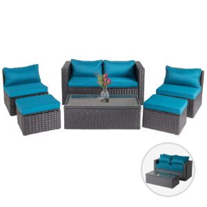 6-piece outdoor wicker sofa set with black rattan and green cushions