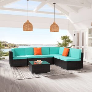 Alternative layout of 7-piece outdoor rattan sofa set with lake blue cushions arranged under a covered patio